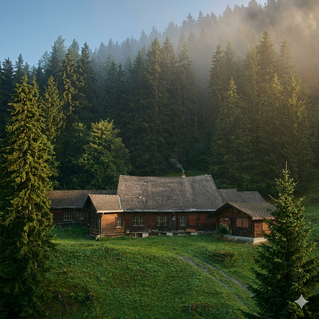 A timber cabin in a misty pine forest at dawn
